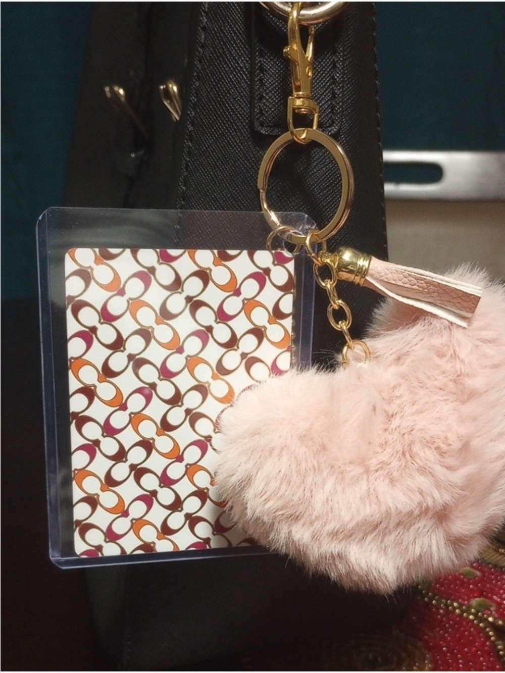 Coach Playing Card &  Pink Plush Heart Keychain with Gold Hardware and Tassel